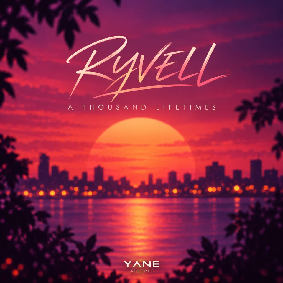 Albumcover van A Thousand Lifetimes: het RYVELL-woordmerk boven een gouden zonsondergang aan het water.