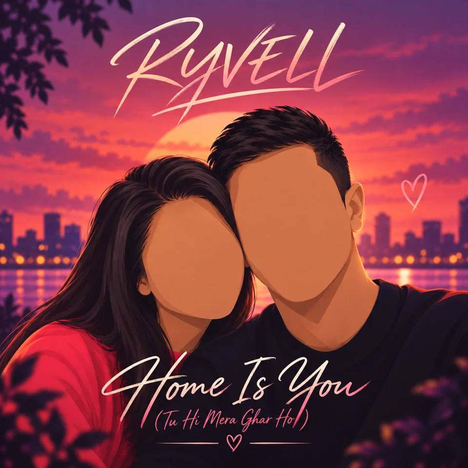 De officiële singlecover van Home Is You, in de warme paarse en gouden beeldtaal van RYVELL.