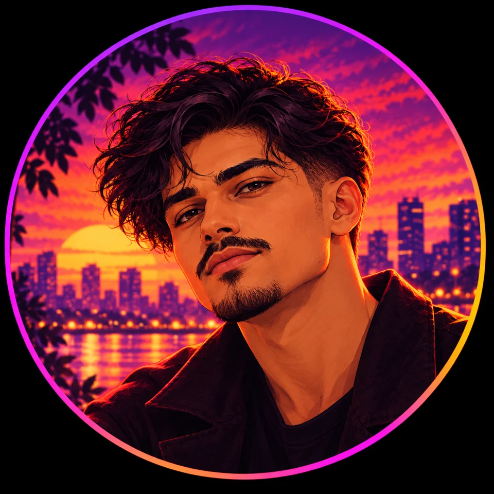 Het geïllustreerde portret van RYVELL tegen een magenta en gouden zonsondergang.
